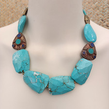 Boho Tribal Turquoise Bib Necklace Chunky Natural Stones Tibetan Artisan Gift