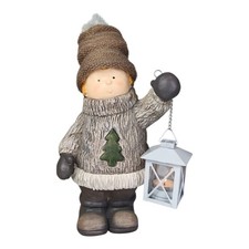 Winterkind mit Laterne Figur Junge Weihnachten Advent Kind aus Keramik braun
