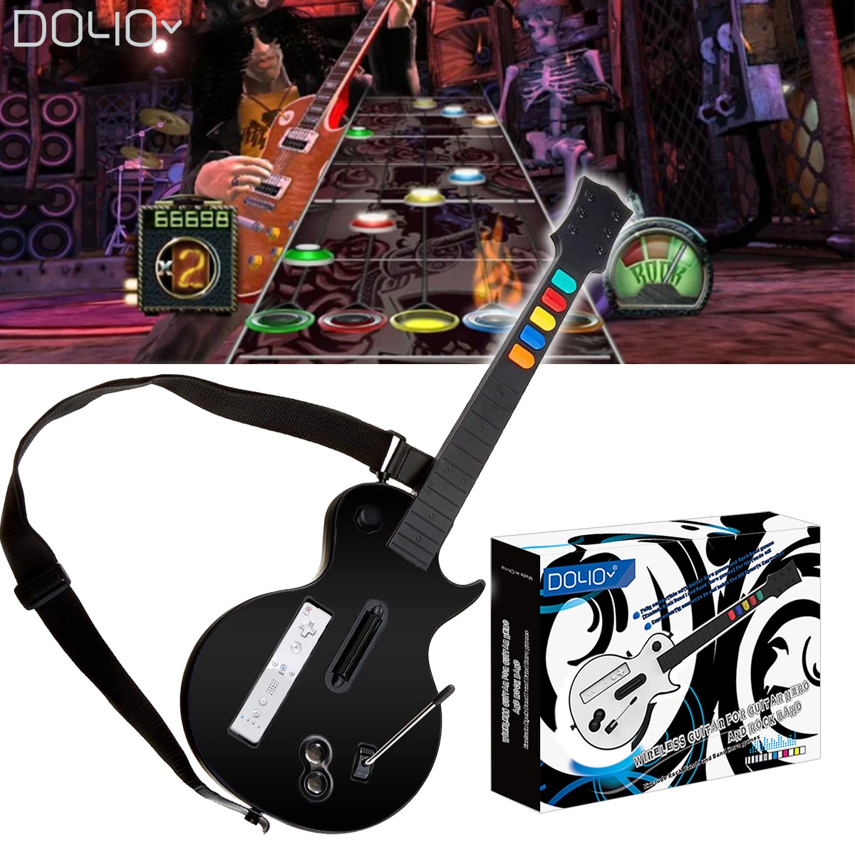Black Guitar Hero Controller For Wii & Rock Band 2 Wii U - Wireless Guitar With Strap Included