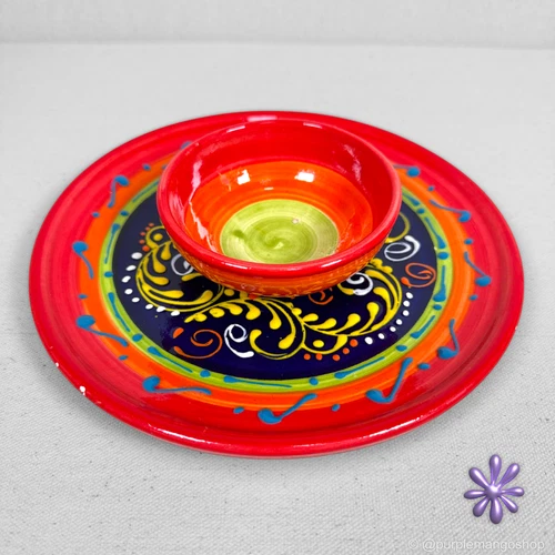 Ceramica El Avion Spain Hand Painted Chip & Dip Plate Spanish Pottery Fiesta App
