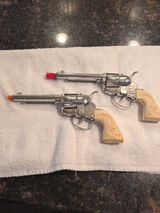 Pair Vintage Mattel Fanner 50 Toy Cap Guns, Rare Antelope Grips, Working 1 Owner