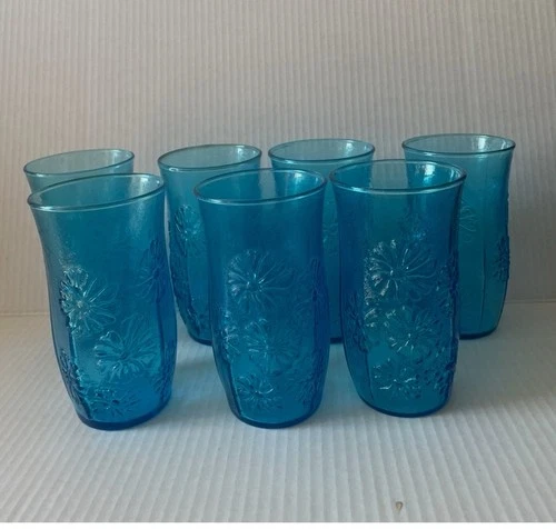 Vintage (7) Anchor Hocking Glass Tumblers Spring Song DaisyPattern