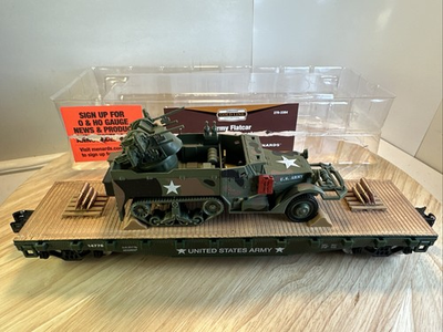 #ad C 8 MENARDS O GAUGE U.S . ARMY FLATCAR WITH DETAILED HALF TRACK FROM 2017 $35.00
