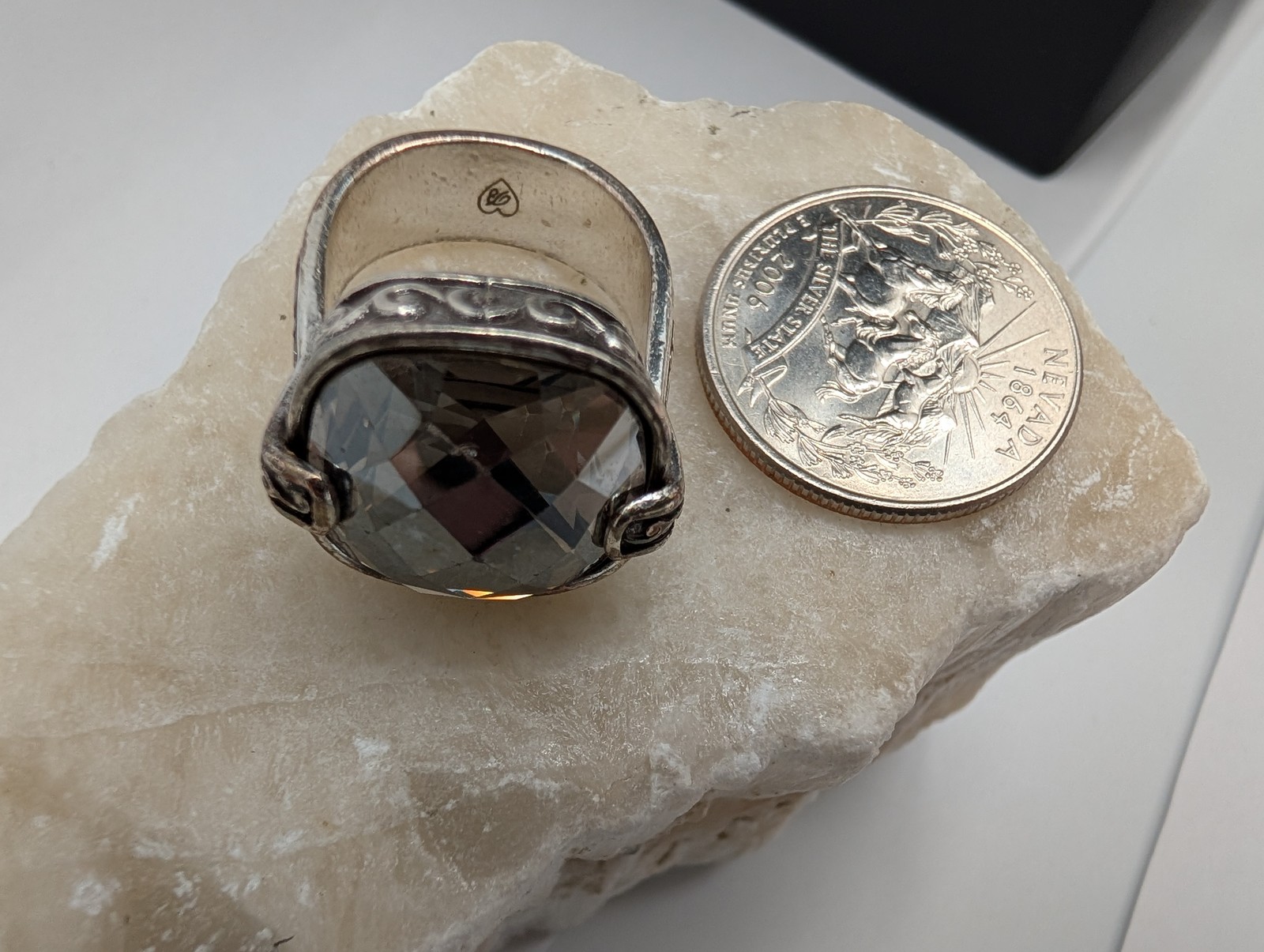 Brighton Silver Tone Scroll Statement Ring Smoky … - image 8