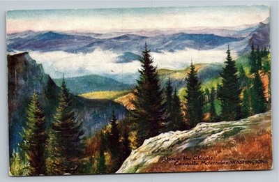 Vintage Oilette Postcard Above the Clouds Cascade Mountains Washington Tuck's