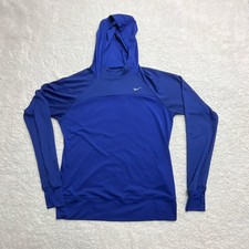 Nike Women s Blue Dri-FIT Geometric Knit Pullover Hoodie Crew Neck Logo Size L