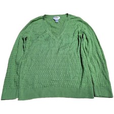 Talbots Pima Cotton V Neck Sweater Women's Size L Green Cable Knit
