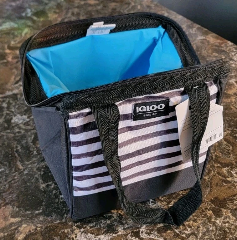 Igloo 9 Can Cooler Bag Lunch Tote Insulated Zip Closure Black & White Stripes - Image 4 of 4