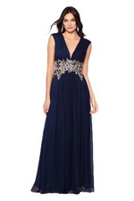 BETSY ADAM Navy Blue Gold Embroidered V-Neck Pleated Casey Maxi Gown Dress 6