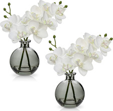 White Orchids Artificial Flowers Faux Orchid Arrangement with Black Glass Vase S