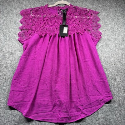 Oliver.o Top Blouse Women s 1X Fusia Lace Overlay Sleeveless Pleated Boho