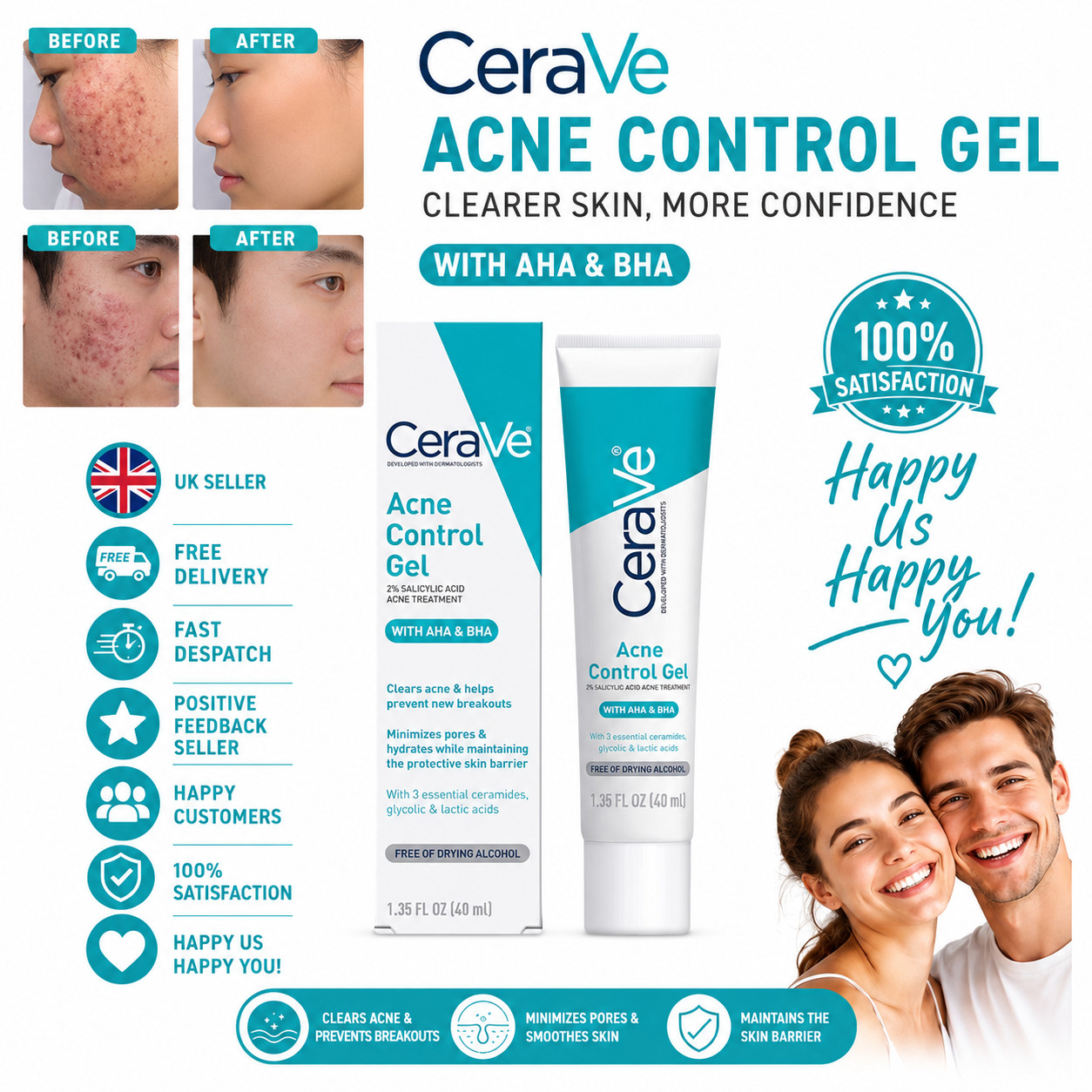 CeraVe Acne Control Gel 40ml AHA BHA Alcohol Free Acne Spot Treatment New