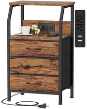  Night Stand with Charging Station, USB Ports and 3 Drawer 1 Rustic Brown