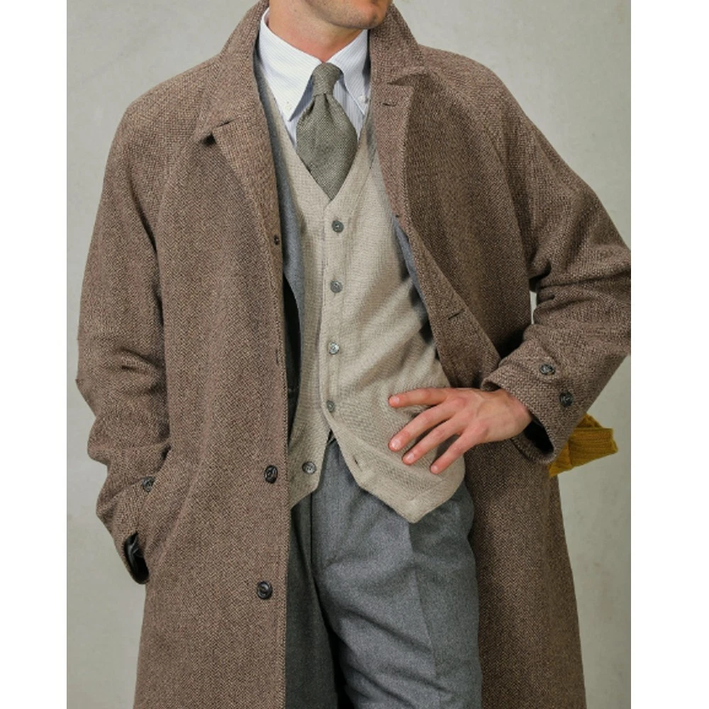 Brown Herringbone Men's Overcoats Tweed Casual Outdoor Winter Warm Long Coats