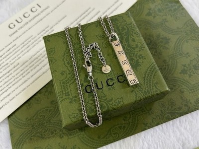 Gucci Silver Bar Pendant Necklace Cable Chain Lobster Clasp Engraved Signed