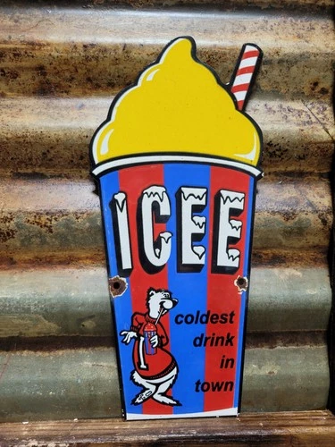 VINTAGE ICEE PORCELAIN SIGN OLD FROZEN ICED CARNIVAL DRINK BEAR CUP COLA POP 12"