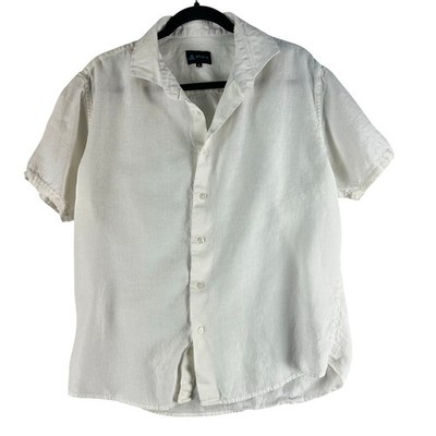 Short Fin FIN Mens Linen Camp Collar Button Down Shirt L White Resort Wear
