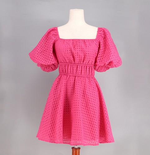 NWT SINCERELY OURS Eyelet Bubble Sleeve Mini Dress Fuchsia Hot Pink Size XS
