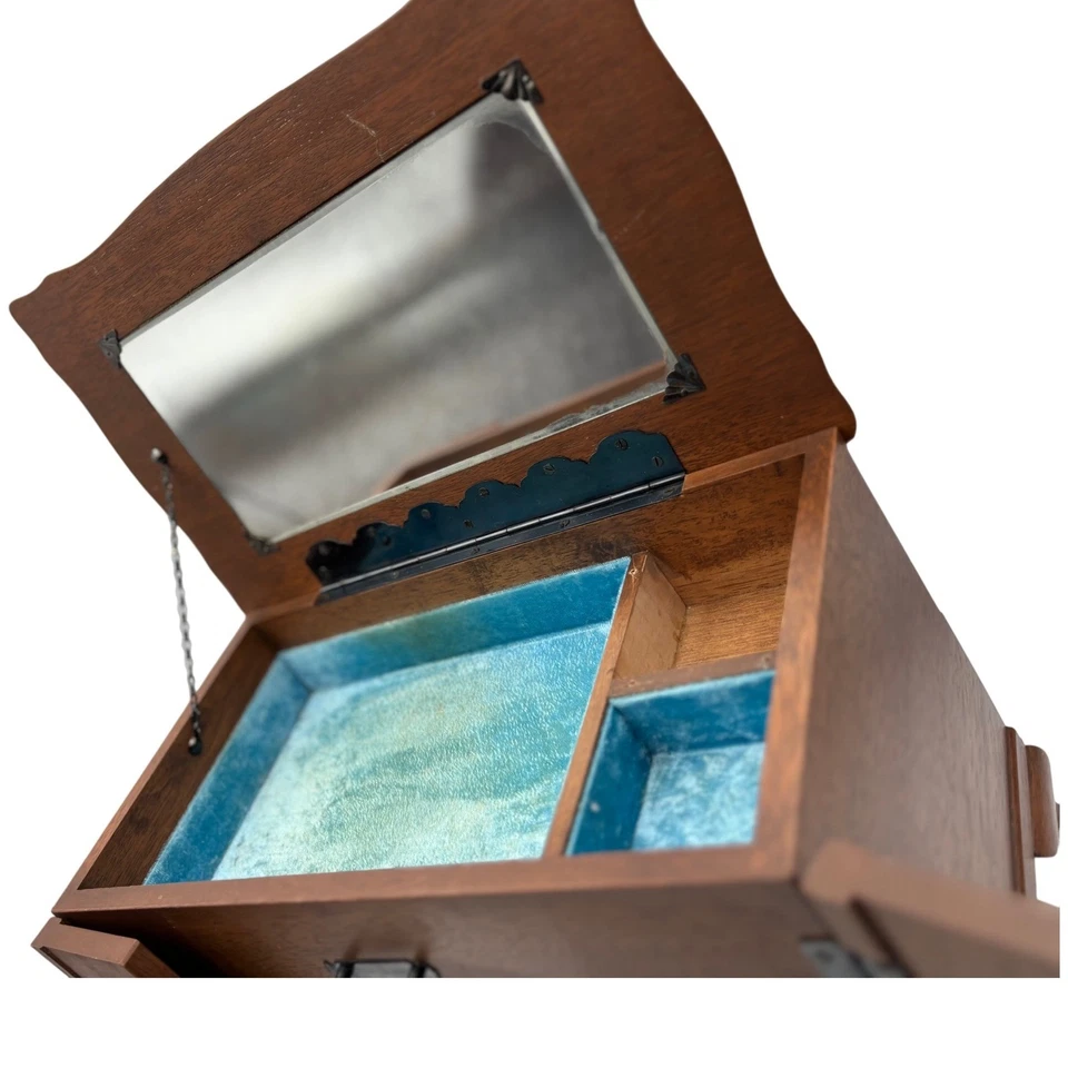 Joyero de madera vintage con tapa de cristal y forro de terciopelo azul hecho en Japón Foto 3 de 4