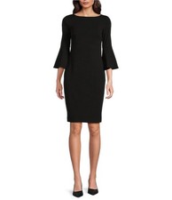 CALVIN KLEIN size 10 dress black Bell Sleeve Boat Neck Sheath Dress Back Zipper
