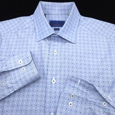 David Donahue Dress Shirt Mens -16.5 32/33- Light Blue White Square Dot -Slim