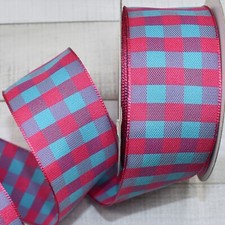 10 Yards Pink Blue Gingham Checked Plaid Wired Ribbon - 1.5 Inches Wide