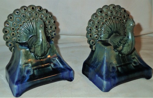ANTIQUE FULPER ARTS & CRAFTS POTTERY PEACOCK BIRD HOME STATUE SCULPTURE BOOKENDS - Picture 2 of 12