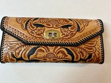 Vintage Hand Tooled Leather Floral Clutch Purse. Gold Hardware. Beautiful