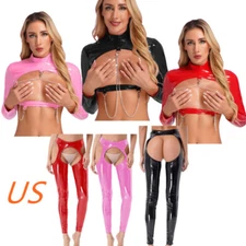 Womens Wetlook Crop Top and Hot Pants Patent Leather Cutout Lingerie Clubwear