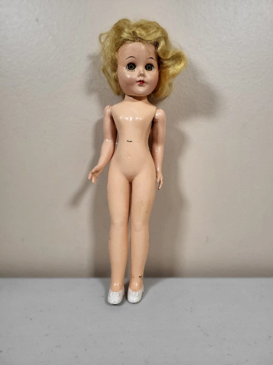 Vintage Plastic Creepy Doll Blonde Hair Sleepy Eyes Nude w White Shoes