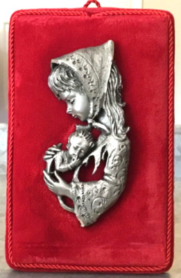 Mother and Child Pewter 3D Cut Out Flat Statue on Red Velvet Frame Made in Italy