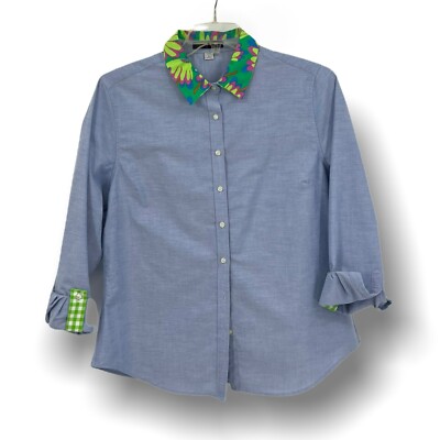 Pearly Vine blue with green collar button up 3/4 length sleeve women s size L