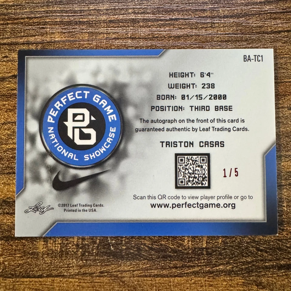 2017 Leaf Perfect Game Triston Casas #BA-TC1 National Showcase Red Auto #1/5 BOS - Image 2 of 2