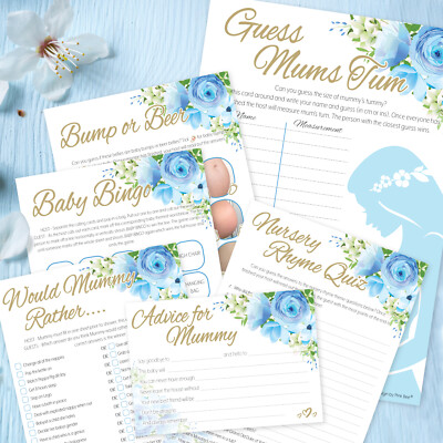 BLUMENBABYDUSCHE SPIELE blau Jungen Bingo, Arbeit, Scramble, Vorhersagen, Ratgeberkarte