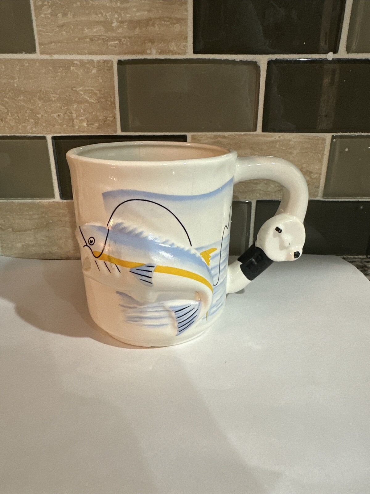 Vintage Fisherman Mug Cup 3D Fishing Fish Vtg Reel Rod Handle Cabin Decor 3.75