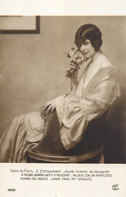 Fine art painting postcard Salon Paris D. Etcheverry, young woman with a nosegay
