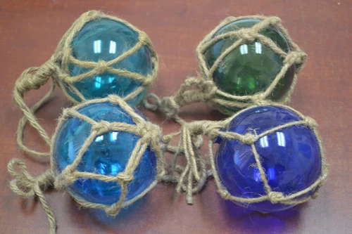 4 PCS ASSORT COLOR REPRODUCTION GLASS FLOAT BALL BUOY WITH FISHING NET 4"