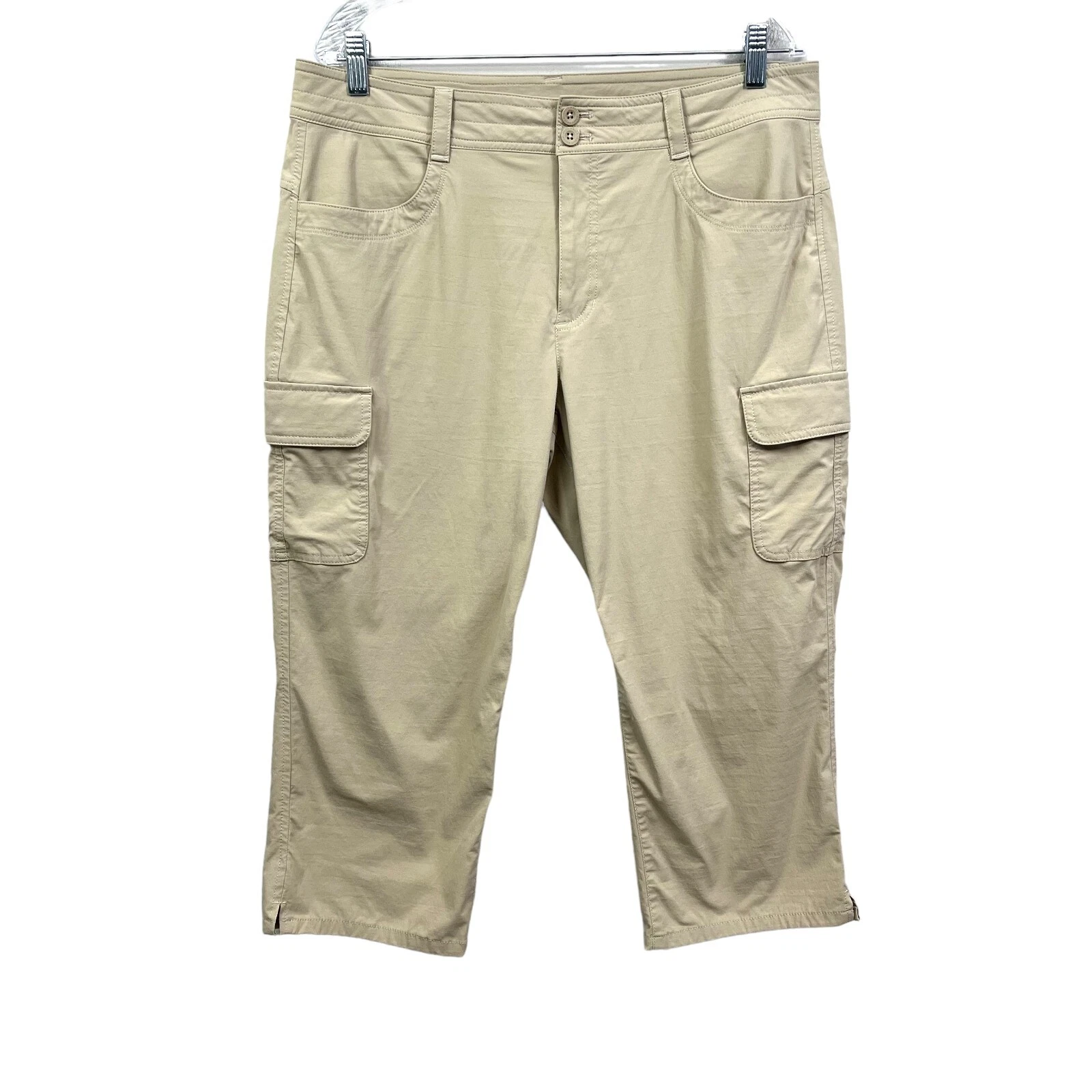Eddie Bauer Women Cargo Capri Pants Stretch Zip Pockets Flat Front Khaki Tan 14*