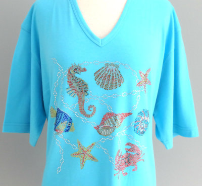 1X 2X or 3X Rhinestone Tropical Fish Seahorse Seashells Chain Short Sleeve Top