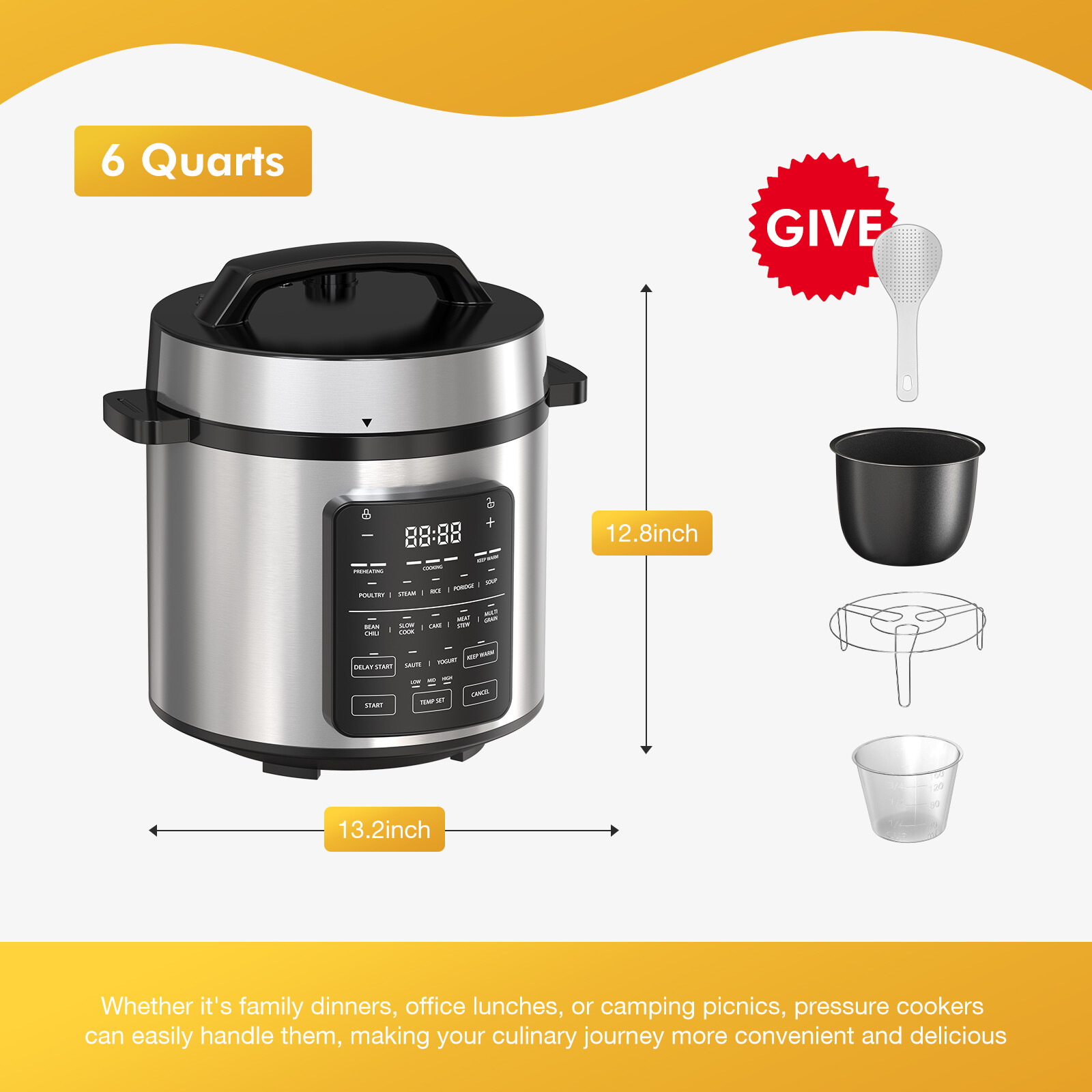Multi-Function Electric Pressure Cooker 12in1 Stainless Steel Pot, 6QT/8QT Size