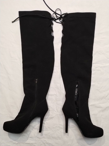 Madeline Girl Knee High Boots Womens 6.5 Stiletto Heel Lace Zip Black Suede Feel