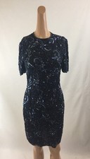 Adrianna Papell Evening Beaded Sequin Vintage Dress 4 100 Silk Blue Navy Formal