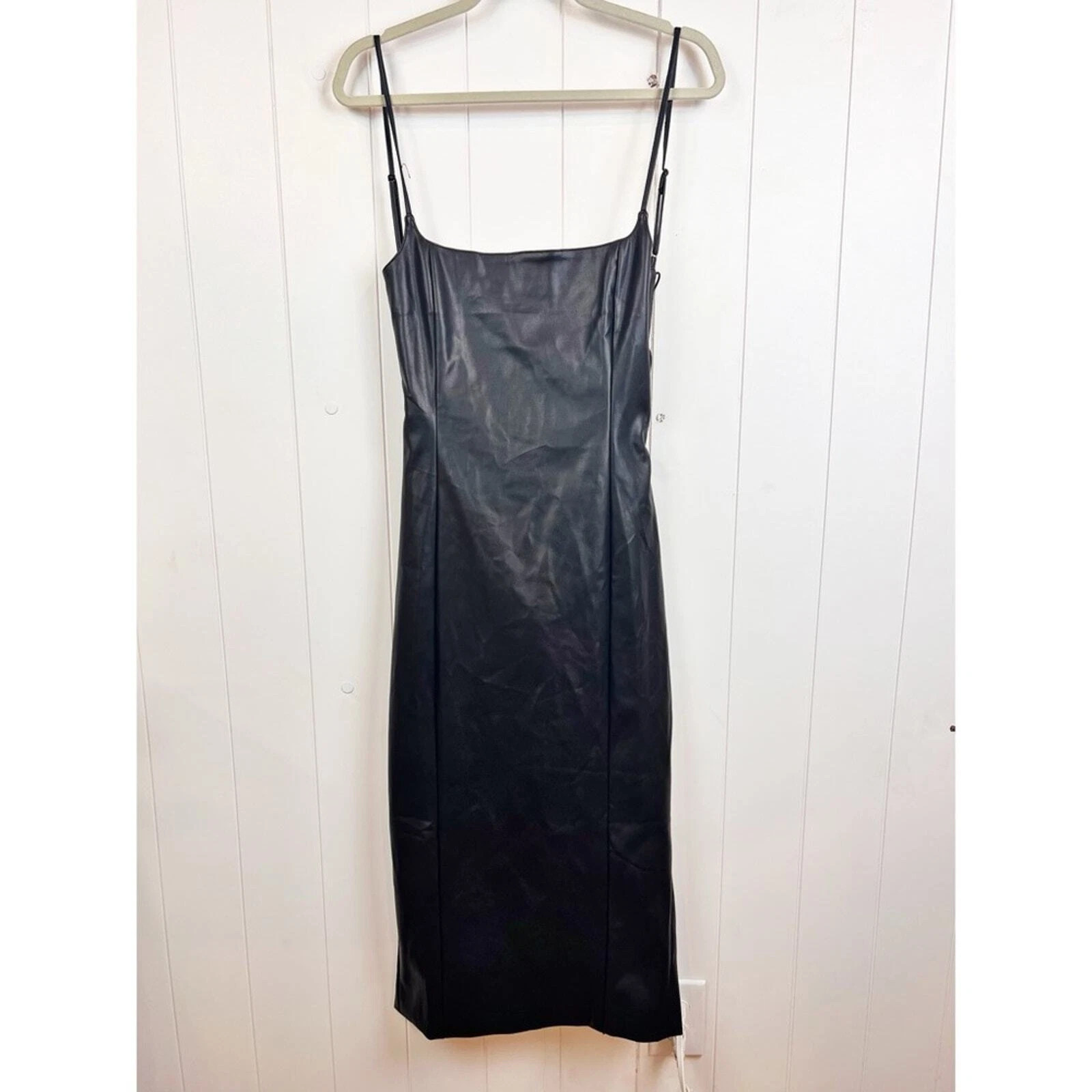 Abito Meshki Donna L Celine Ecopelle Scollo Quadrato Midi Nero Cinturino Schienale Nuovo con etichette