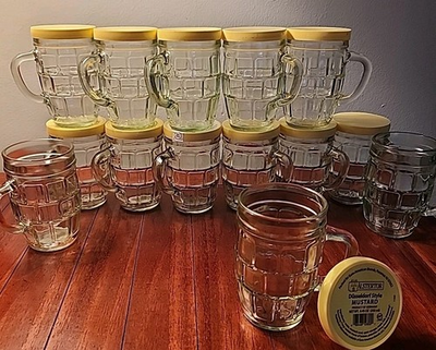 #ad 2 Vintage German Green Mustard Jars w Lids: Barrel Beer Mug Juice Glass MCM $12.95