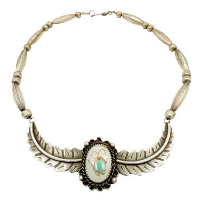Vintage Navajo Sterling Silver Feather Necklace w Inlaid Butterfly Pendant