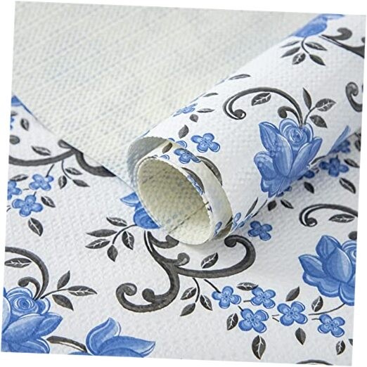 18X96 Inch Shelf Liner for Kitchen Cabinets, PVC 18*96inch*3 Rolls Blue Floral