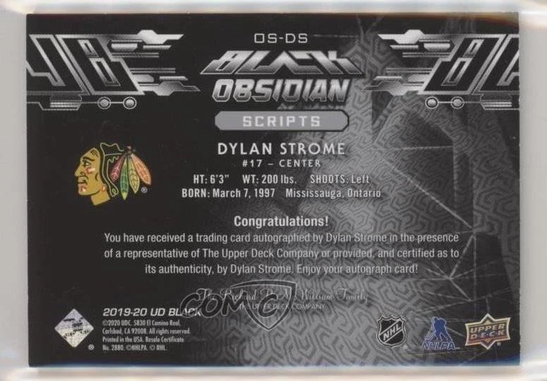 2019-20 SPx UD Black Obsidian Script 2020-21 Update Dylan Strome #OS-DS Auto - Image 2 of 2