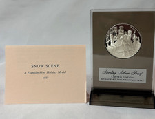 1977 Franklin Mint Sterling Silver Proof SNOW SCENE Holiday Medal With Stand
