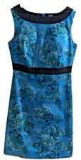 Oasis Shift Dress Uk10 Blue/Black Floral Lined Sleeveless Fitted Stretch Cotton