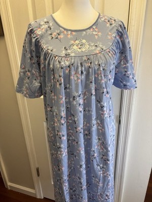 Calida Women's Floral Blue Embroidered Nightgown Short Sleeve Cotton XS Cottage